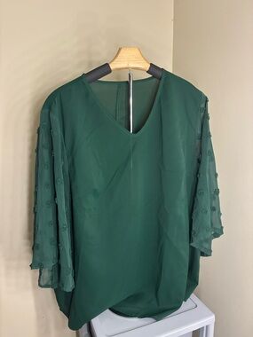 SHEIN Emerald Green V-Neck Blouse with Sheer Rosette Sleeves